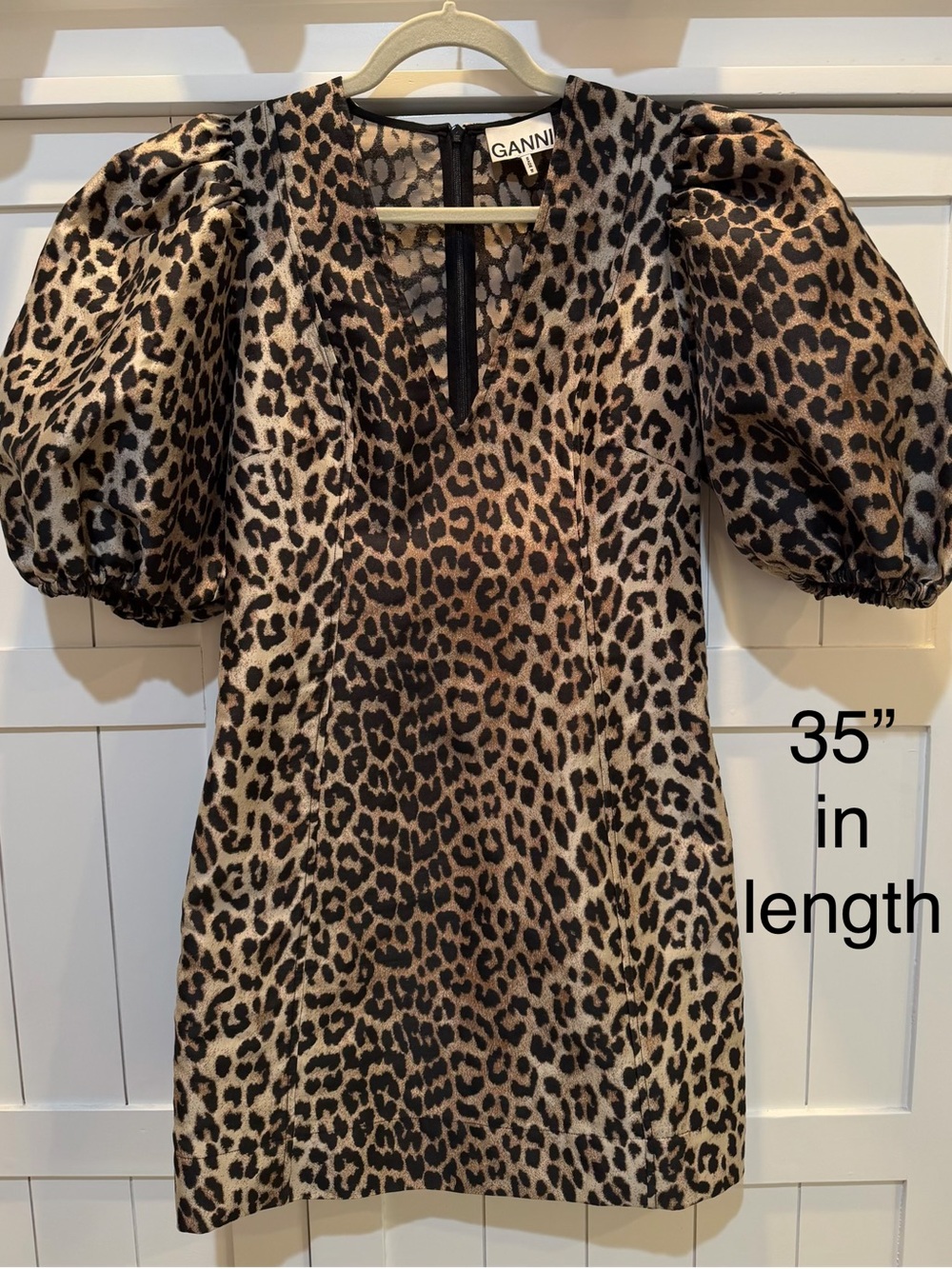 NWOT GANNI Leopard Print Puff Sleeve Mini Dress - Brown/Black Size 6 MSRP $495